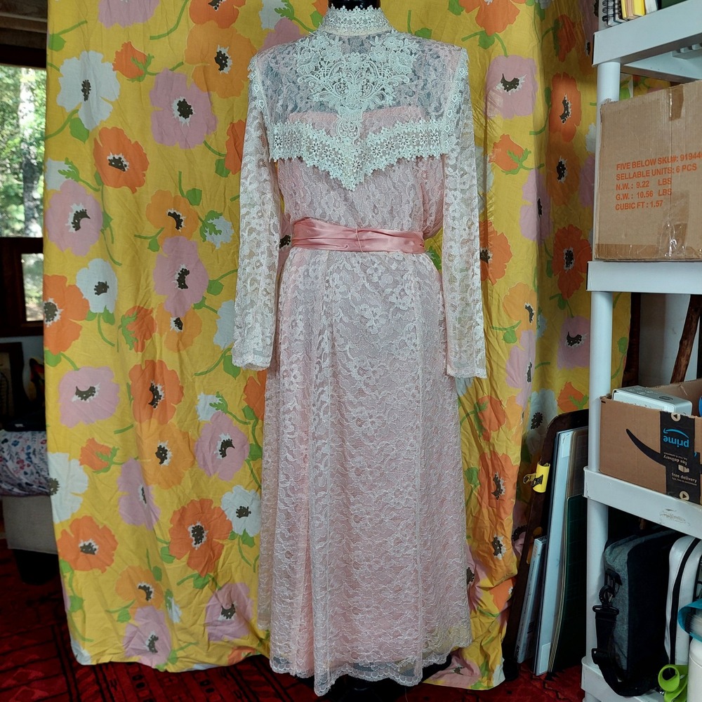 Vintage 70s 80s Pink Lace Victorian Midi Dress High Neck Waist Tie 13/14